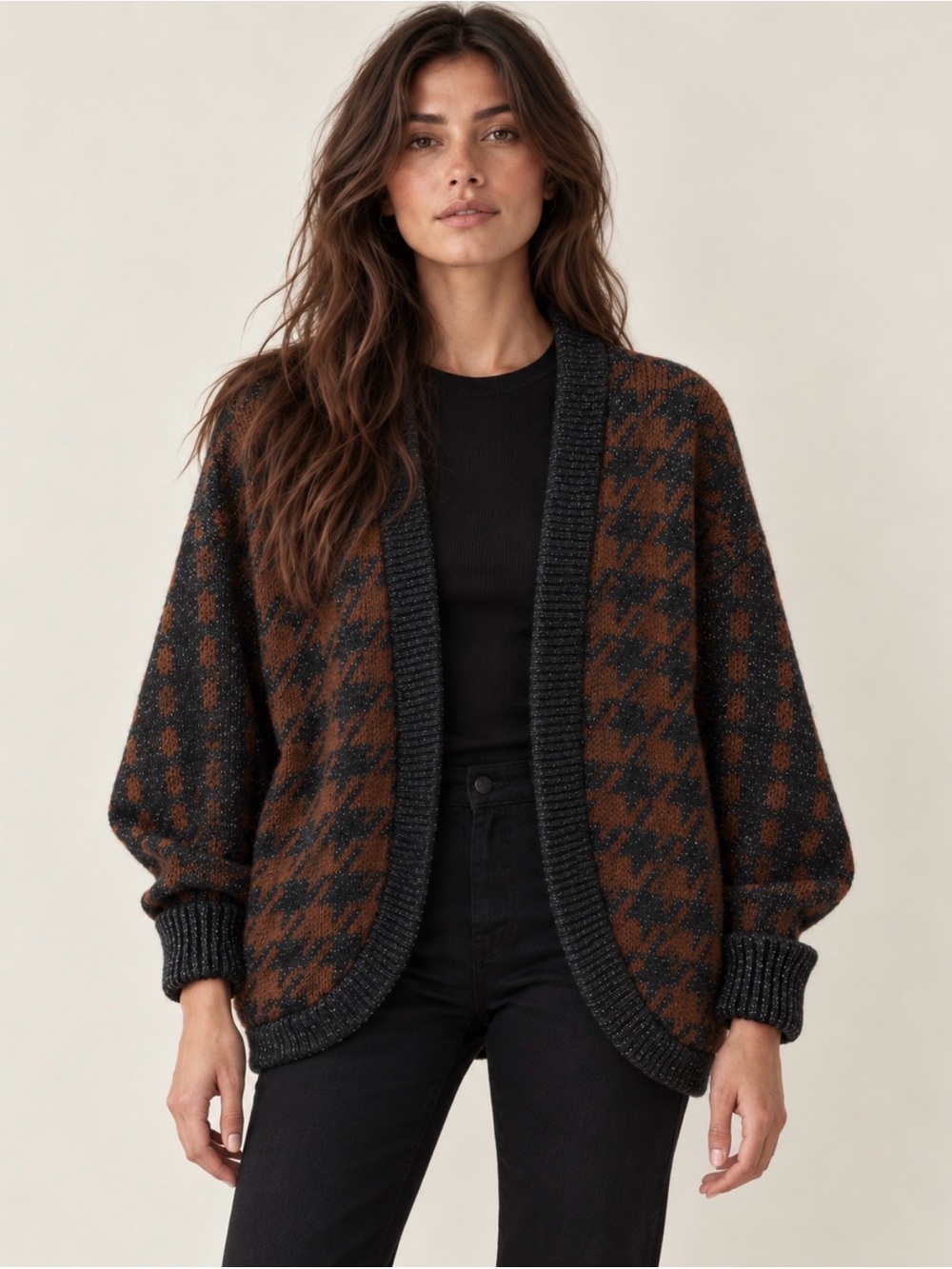 Vintage Open Front Wool Sweater Brown Black Houndstooth Jaeger
